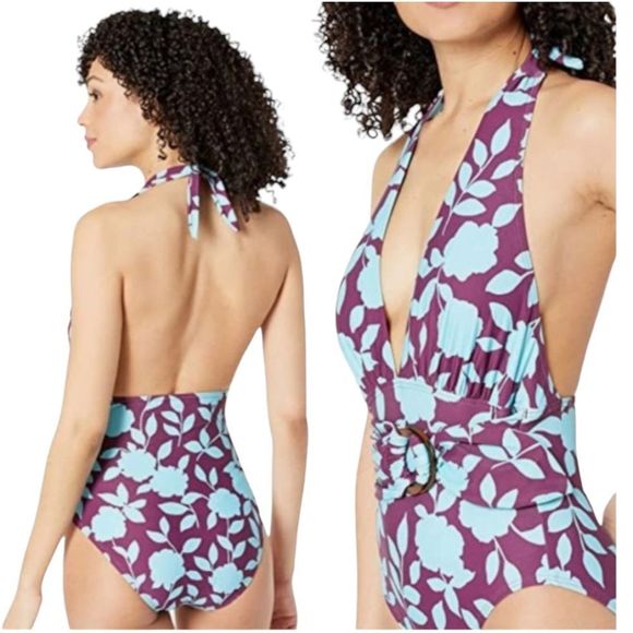 ☀️☀️☀️ Kate Spade Geranium Grove Belted Plunge Halter One Piece - Picture 3 of 9